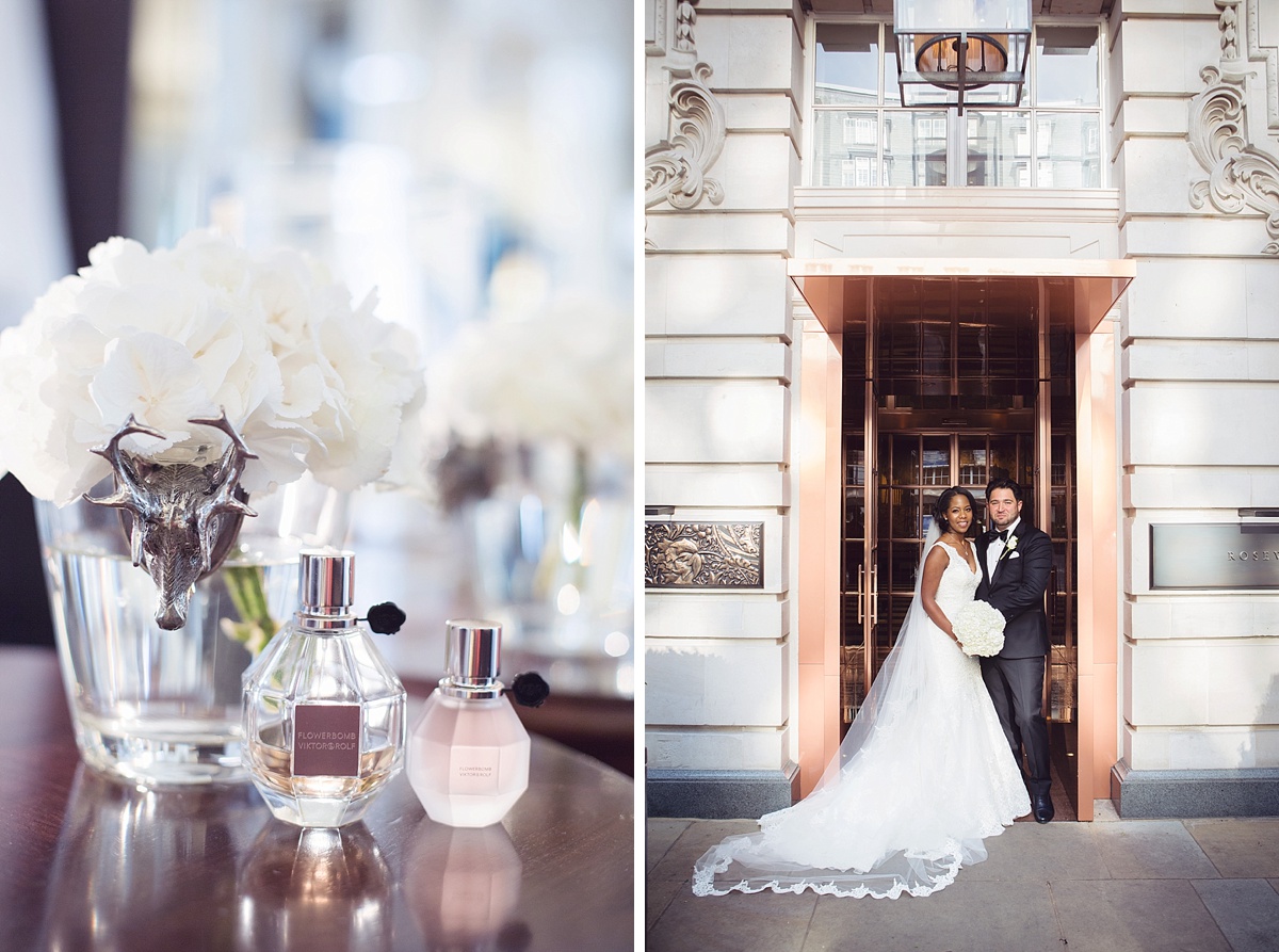 rosewood hotel rose gold luxury wedding bride groom doorway white bouquet viktor rolf