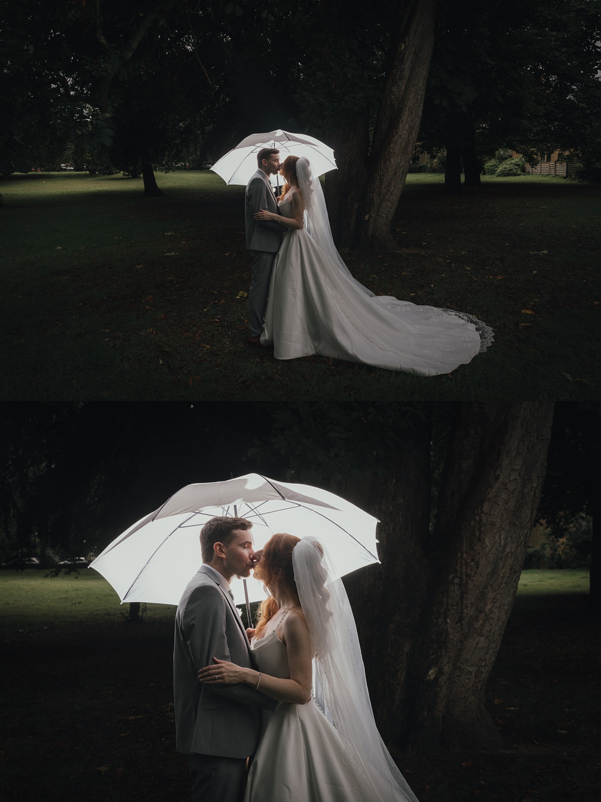 Landmark arts centre wedding surrey couple photos umbrella raining